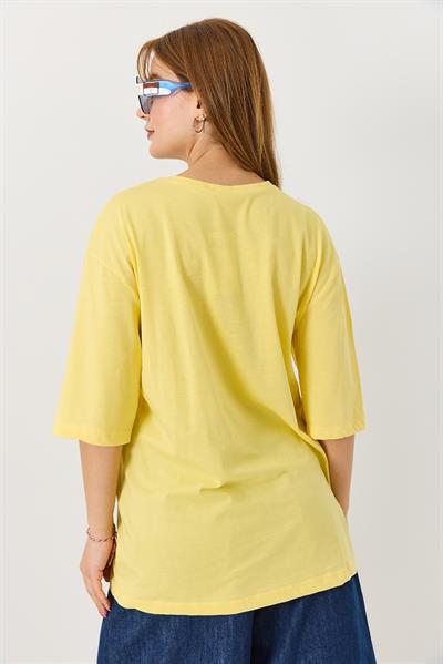 Kadın Çöl Tema Baskılı Bisiklet Yaka Tshirt Sarı