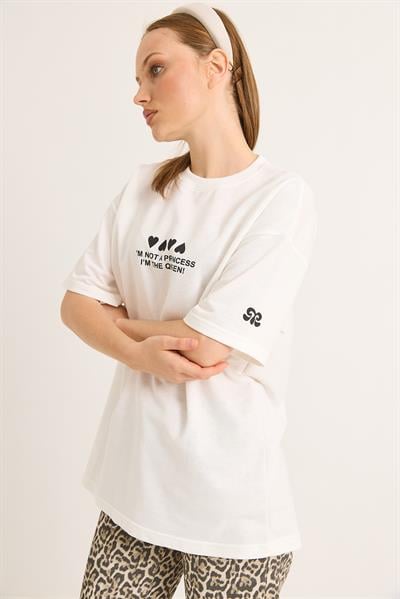 Bisiklet Yaka Baskılı Oversize Tshirt Beyaz