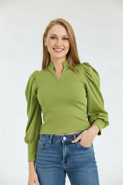 Kadın Hakim Yaka Prenses Kol Örme Bluz Yağ Yeşili