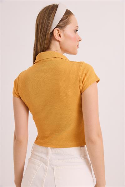 Polo Yaka Basıc Kısa Kollu Örme Kaşkorse Crop Bluz Hardal
