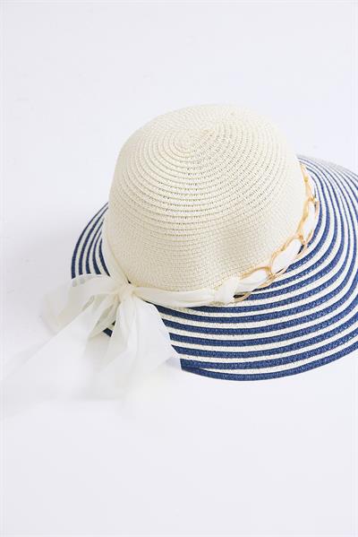 Zincir Fiyonk Aksesuarlı Hasır Şapka Mavi