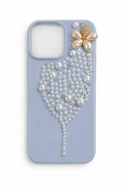 İphone 15 Pro Max Uyumlu İnci ve Glitter Detaylı Kılıf Mavi