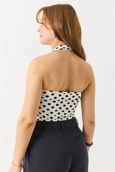 Kadın Boyundan Askılı Puantiyeli Crop Bluz Beyaz