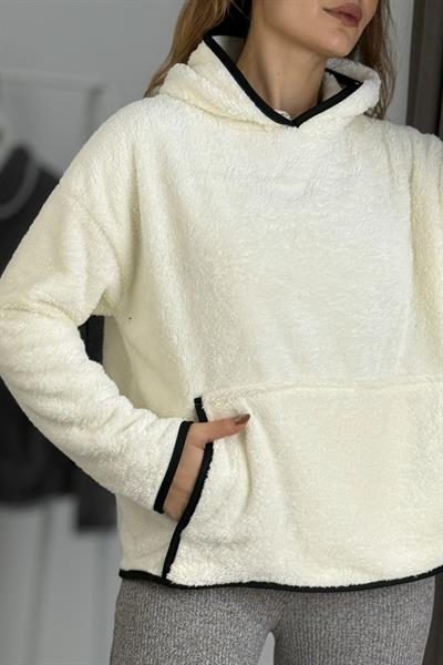 Kadın Kapüşonlu Şerit Detaylı Welsoft Ekru Sweatshirt
