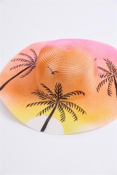 Büyük Kenarlı Renkli Hasır Kadın Şapka Pembe
