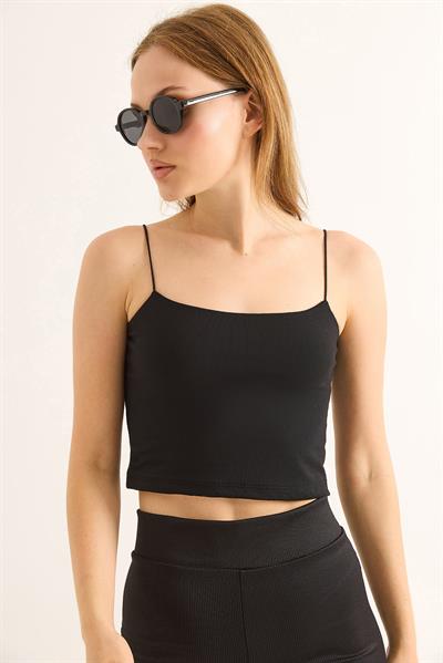 İp Askılı Crop Bluz Siyah