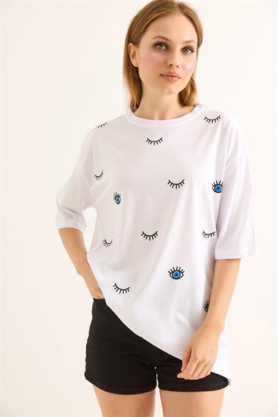 Göz Baskılı Oversize Pamuk Süprem Tshirt Beyaz