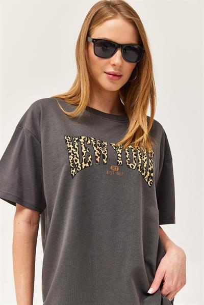 Bisiklet Yaka Oversize Tshirt Füme