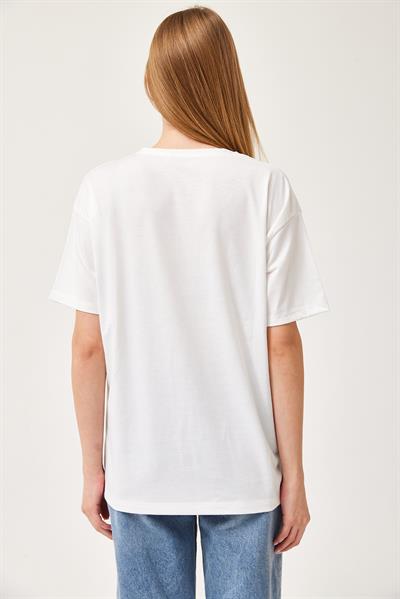 Desenli Bisiklet Yaka Penye Tshirt Beyaz