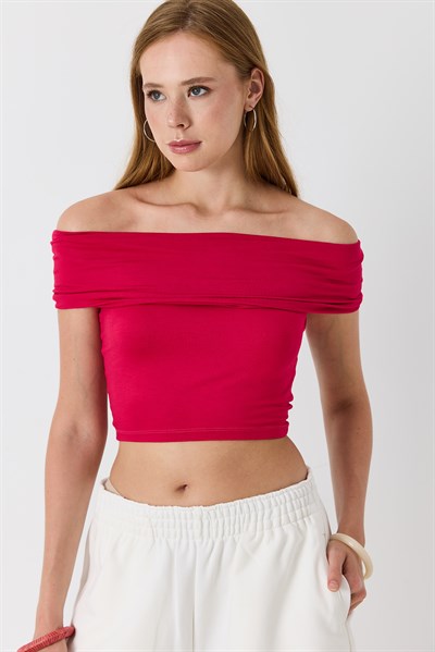 Kadın Madonna Yaka Penye Crop Bluz