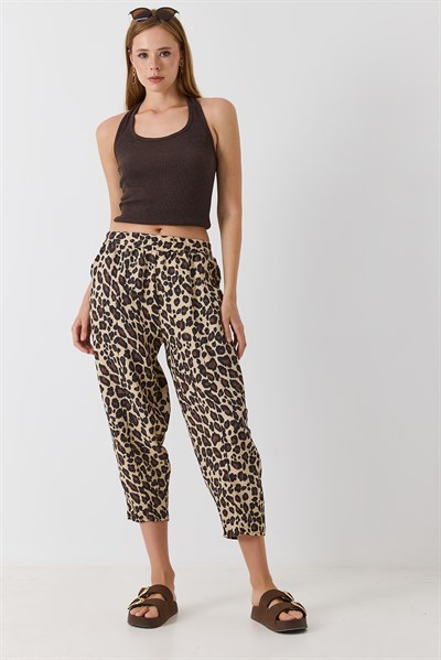 Kadın Beli Lastikli Havuç Kesim Pantolon Leopar