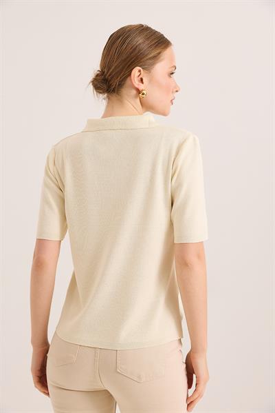 Nakışlı Polo Yaka Düğme Detaylı Triko Tshirt	Bej