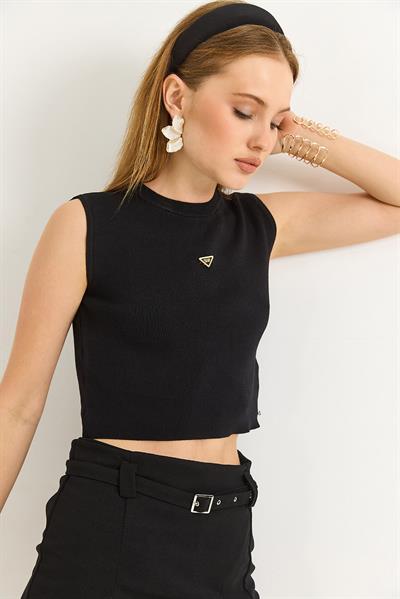 Bisiklet Yaka Sıfır Kol Crop Bluz Siyah