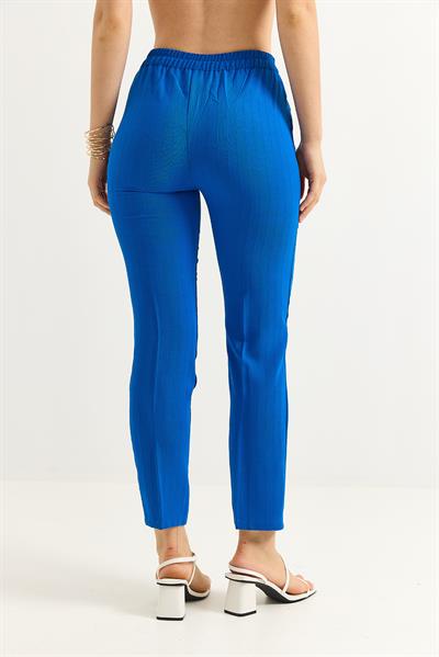 Beli Lastikli Çizgi Desenli Krep Pantolon Saks