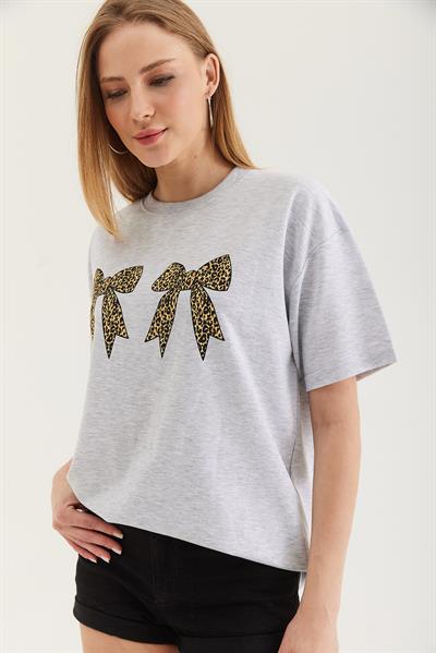 Kurdele Baskı Detaylı Basic Tshirt Gri