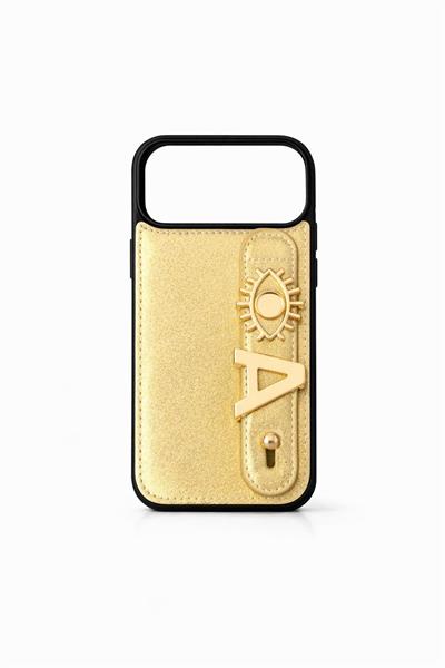 İphone 17 Pro Uyumlu Charmlı ve Harfli Deri Kılıf Gold