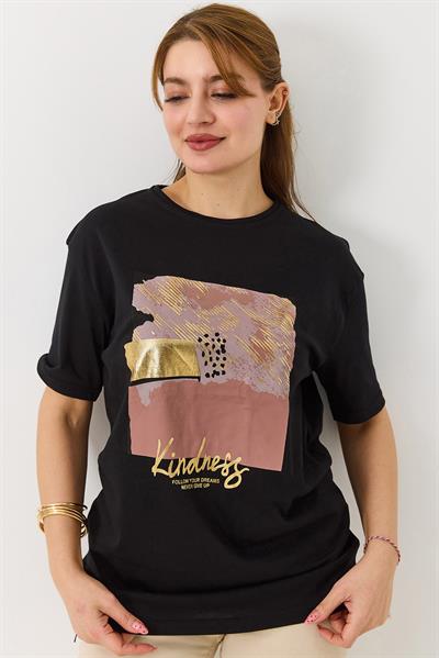 Kadın Parlak Baskılı Bisiklet Yaka Tshirt Siyah