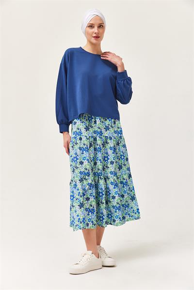 Çiçek Desenli Etekli İkili Takım Lacivert