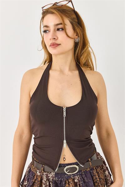 Dalgıç Kumaş Çift Fermuar Detaylı Askılı Bluz