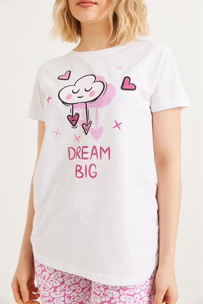 Baskılı Kısa Kol Pijama Takım Beyaz