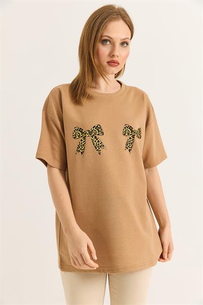 Kurdele Baskı Detaylı Basic TShirt  Vizon