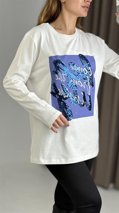 Kadın Beyaz Baskılı Uzun Kollu Tshirt