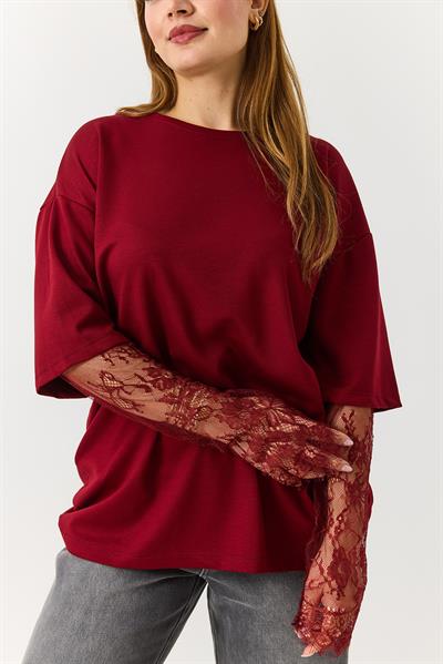Kadın Kolu Tül Detaylı Oversize Tshirt Bordo