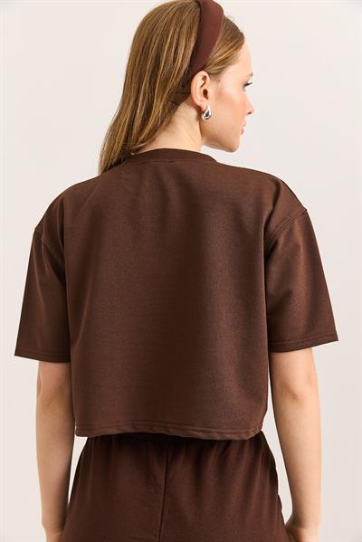 Bisiklet Yaka Havalı Crop İki İp Tshirt  Kahverengi