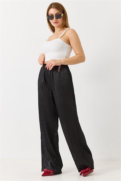 Kadın Saten Bol Kesim Salaş Beli Lastikli Pantolon Siyah