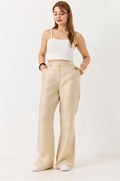 Kadın İspanyol Paça Çift Düğmeli Kumaş Pantolon Bej