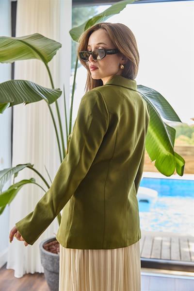 Oversize Astarlı Kruvaze Kapama Blazer Ceket Haki