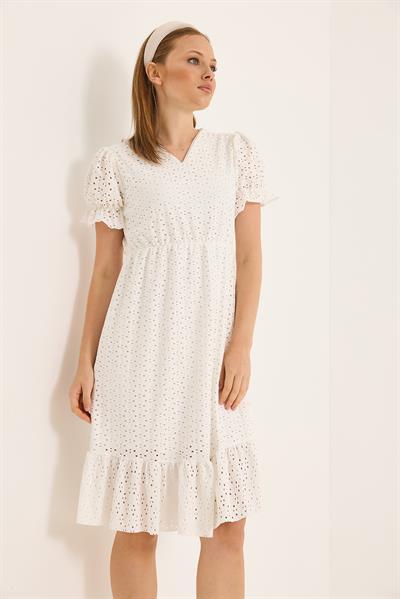 V Yaka Karpuz Kollu Full Güpürlü İçi Astarlı Elbise Ekru