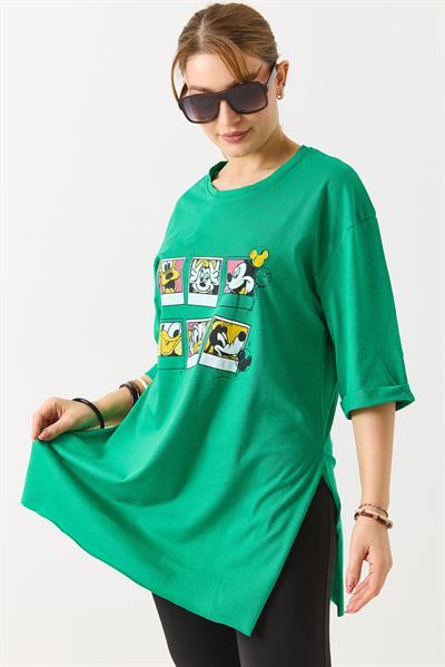 Kadın Yanı Yırtmaçlı Oversize Basic Tshirt Yeşil