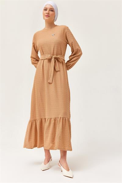 Kuşaklı Kat Keten Elbise Vizon