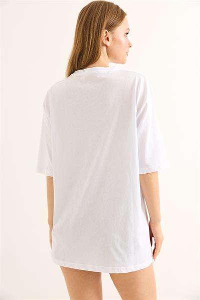 Göz Baskılı Oversize Pamuk Süprem Tshirt Beyaz