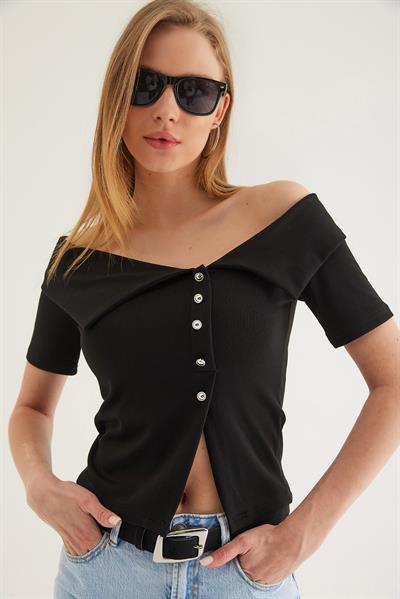 Omuz Açık  Düğme Detaylı Bluz Siyah