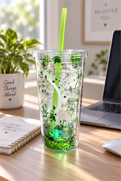 LED Işıklı Simli Pipetli Bardak Yeşil