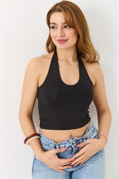Kadın Boyundan Askılı  Crop Bluz Siyah