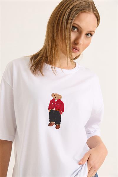 Ayıcık Nakışlı Rahat Kalıplı Tshirt Beyaz