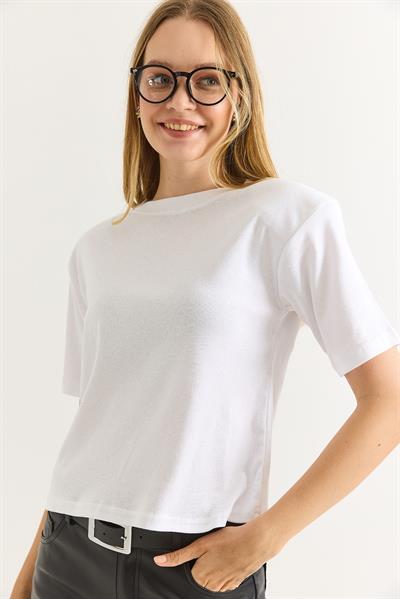 Vatkalı Bisiklet Yaka Basic Tshirt Beyaz