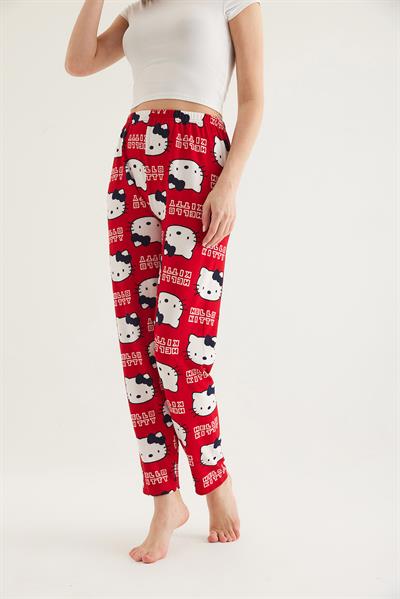  Beli Lastikli Kadın Pijama Altı Kırmızı