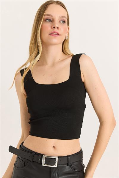  Kare Yaka Crop Triko Bluz Siyah