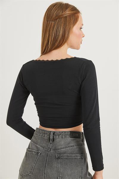 Dantel Detaylı Kruvaze Crop Bluz Siyah