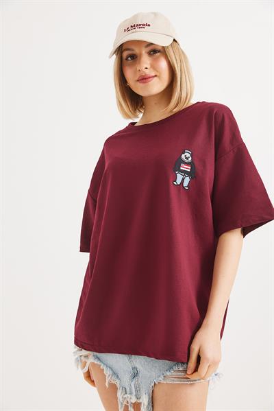 Nakışlı Bisiklet Yaka Tshirt Bordo