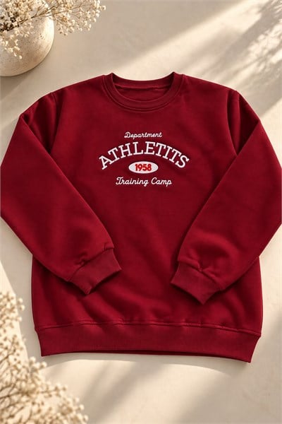 Kadın Yazı Nakışlı Bisiklet Yaka Şardonlu Sweatshirt Bordo