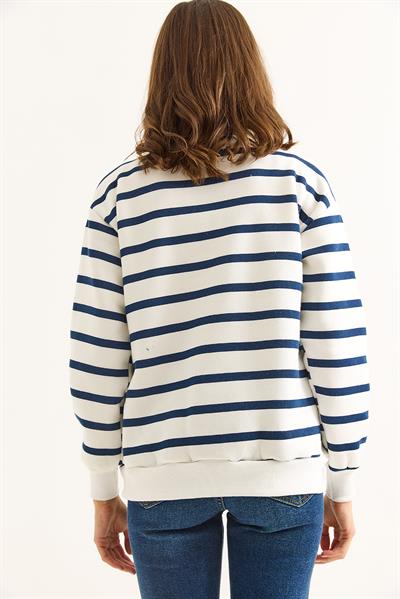 Kadın Oversize Çizgili Kalp Nakışlı Fermuarlı Sweatshirt Lacivert Beyaz