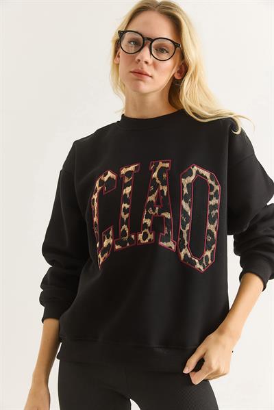 Kadın Üç İplik Leopar Baskılı Sweatshirt Siyah