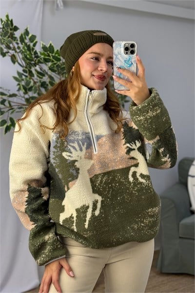 Kadın Desenli Dik Yaka Yarım Fermuarlı Polar Swearshirt Yeşil