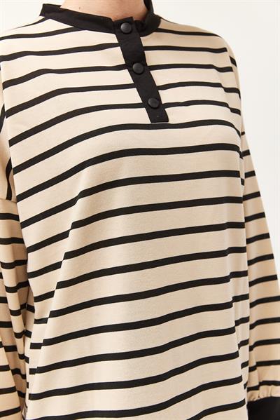 Yakası Düğmeli Çizgili İkili Takım Siyah