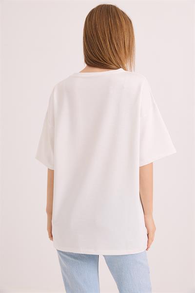 Oversize Yumuşak Dokulu Salaş T-Shirt Ekru